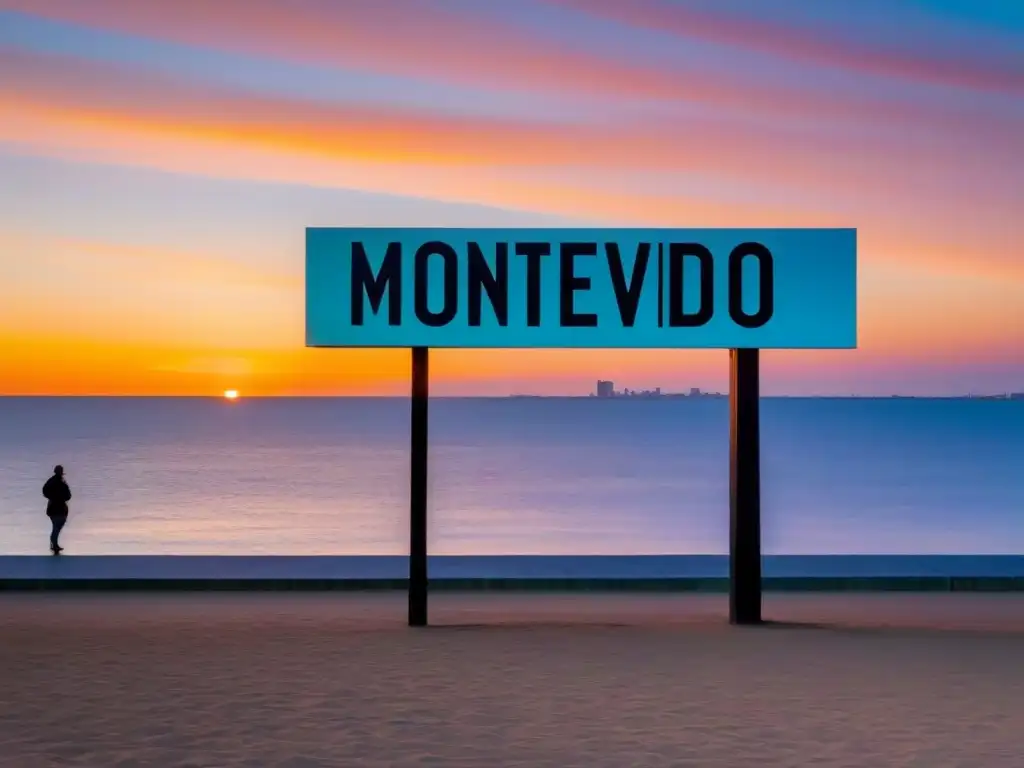 Un atardecer colorido en Montevideo con el icónico letrero y el Río de la Plata