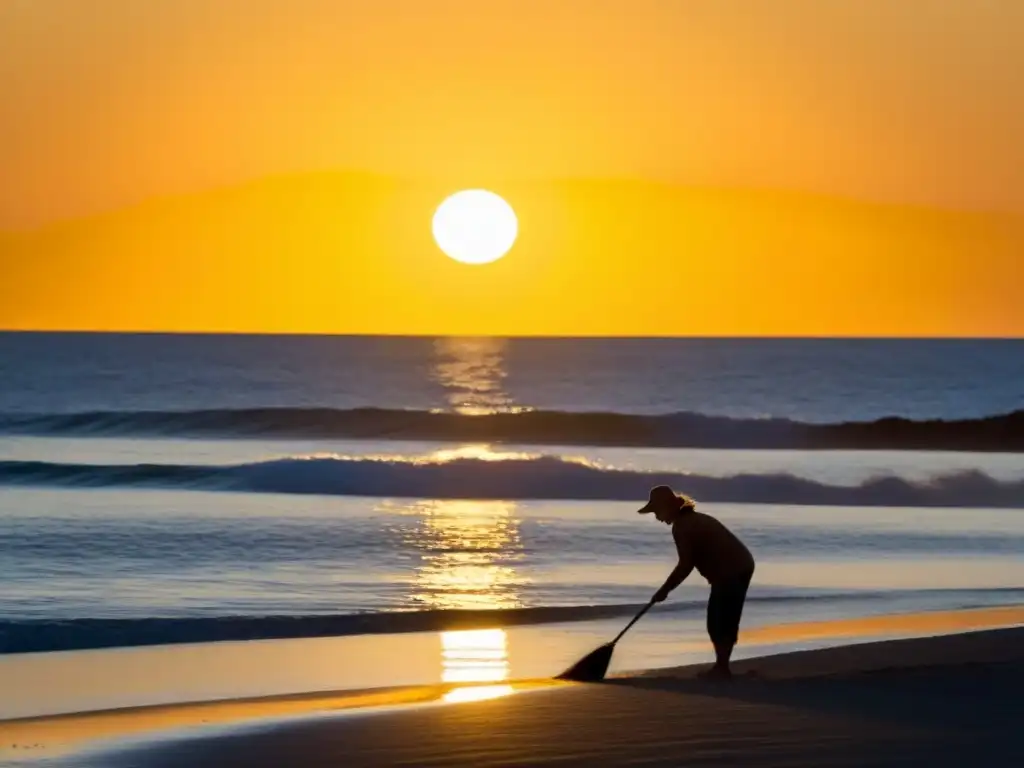 Un atardecer sereno en la costa de Uruguay con una persona practicando hábitos sostenibles