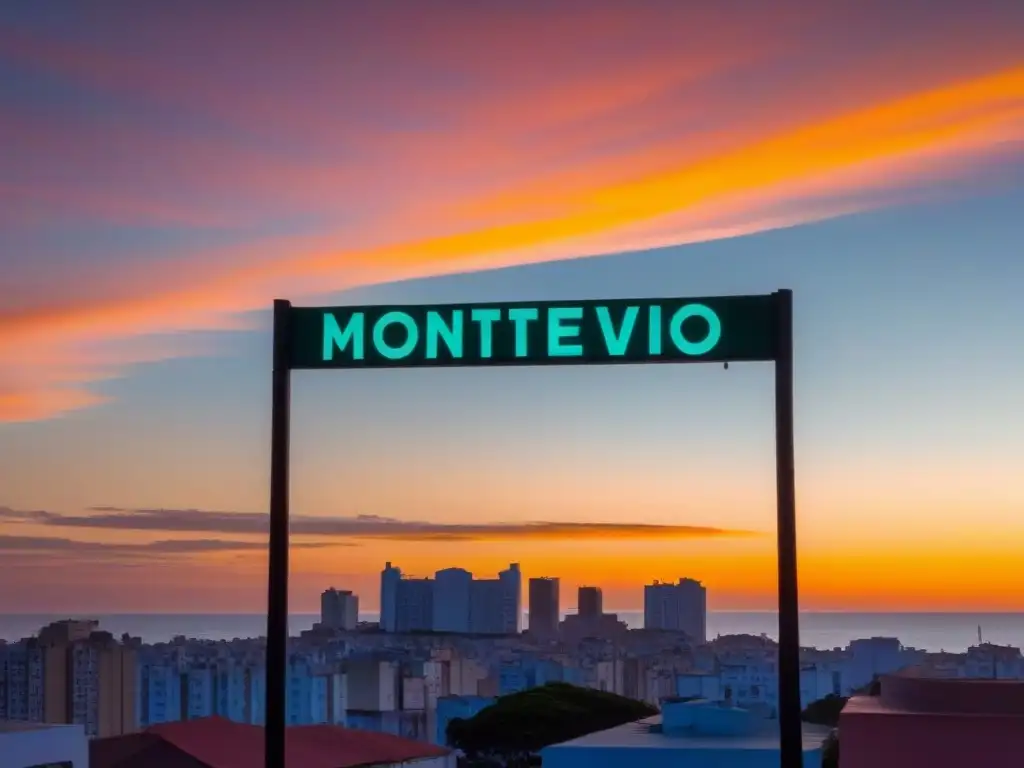 Un atardecer sereno en Montevideo con el icónico letrero de la ciudad iluminado por el sol