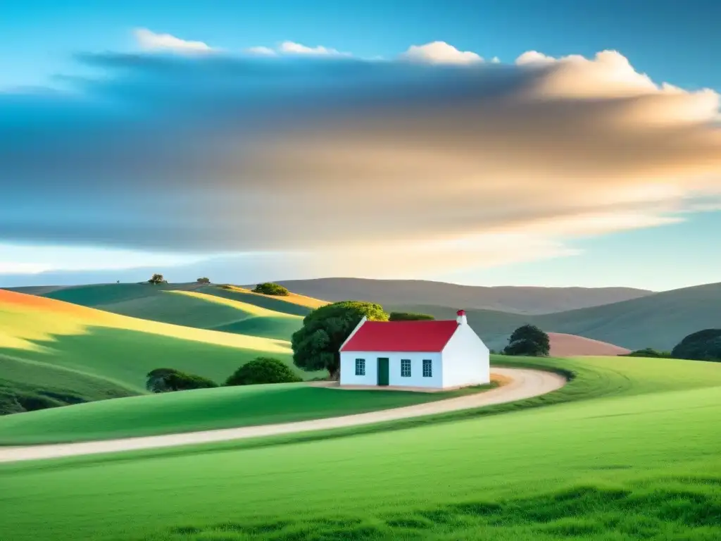 Atardecer sereno en paisaje rural de Uruguay, escuela con techo rojo entre árboles, cielo azul