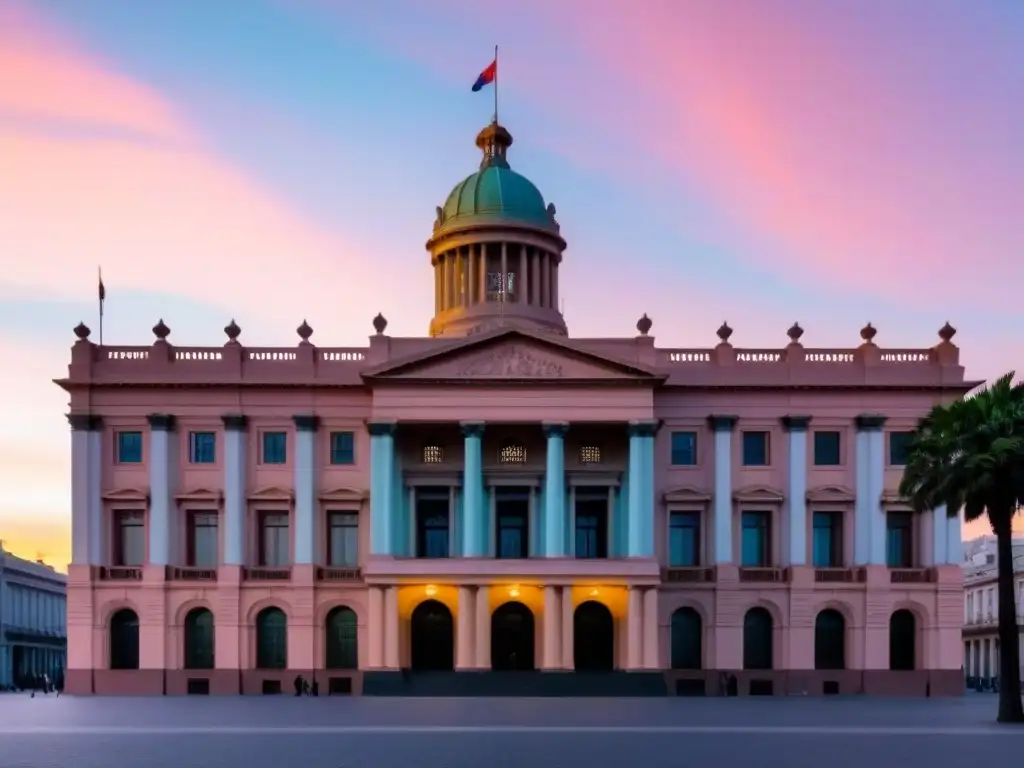 Un atardecer sereno ilumina el Palacio Legislativo en Montevideo, Uruguay, destacando su arquitectura con tonos cálidos y suaves