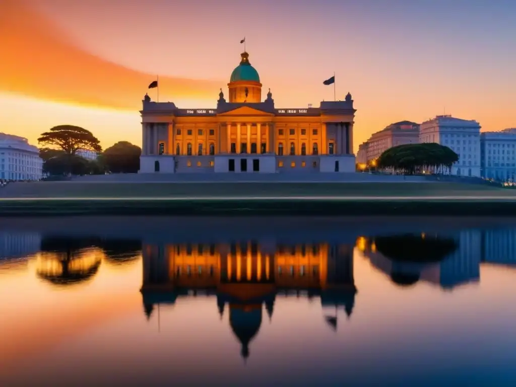 Atardecer sereno sobre el Palacio Legislativo en Montevideo, reflejado en el Río de la Plata, destaca la coexistencia pacífica de la grandiosidad histórica y la belleza natural, simbolizando el equilibrio armónico buscado en los movimientos estudiantiles de reforma educ