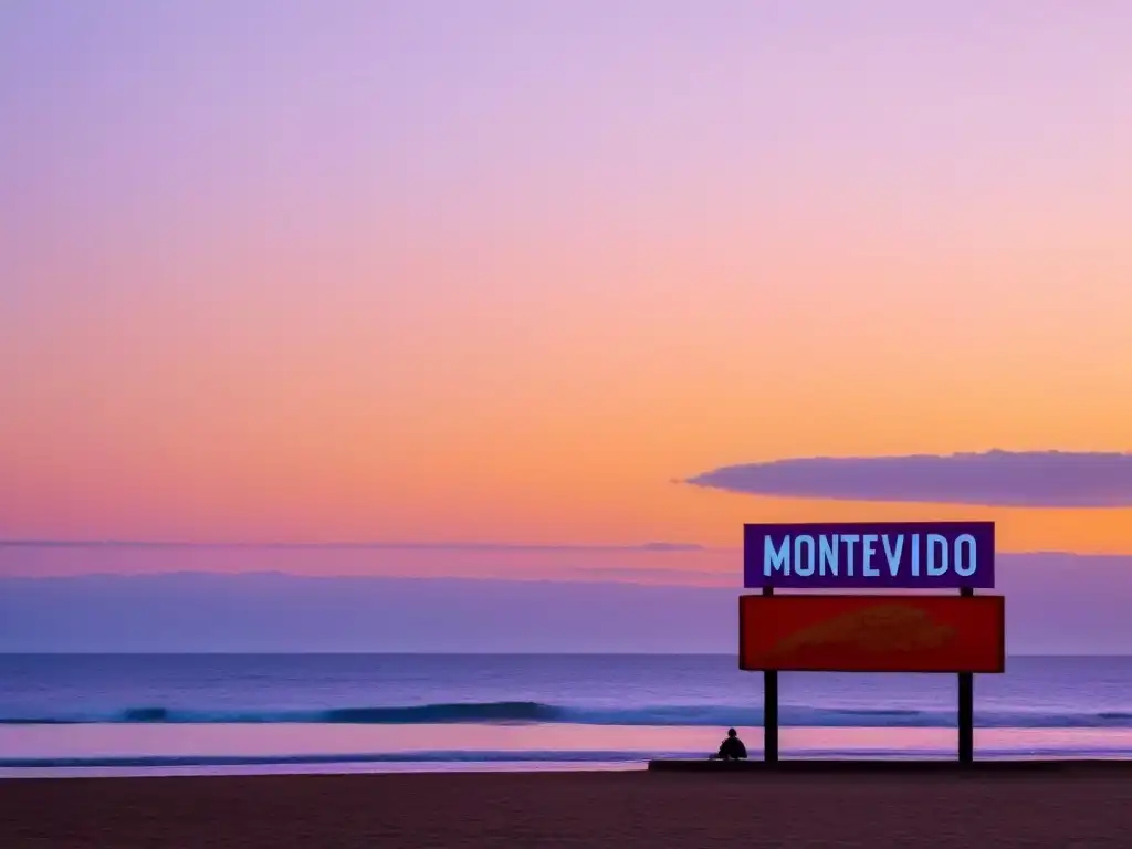 Atardecer sereno en Montevideo, la icónica señal en Playa Pocitos destaca frente al mar tranquilo