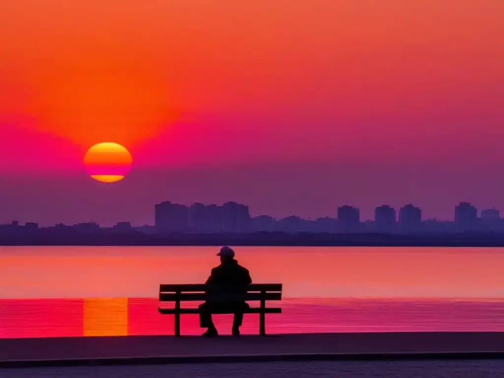 Un atardecer sereno sobre el Río de la Plata en Montevideo, Uruguay, iluminando la ciudad con tonos cálidos