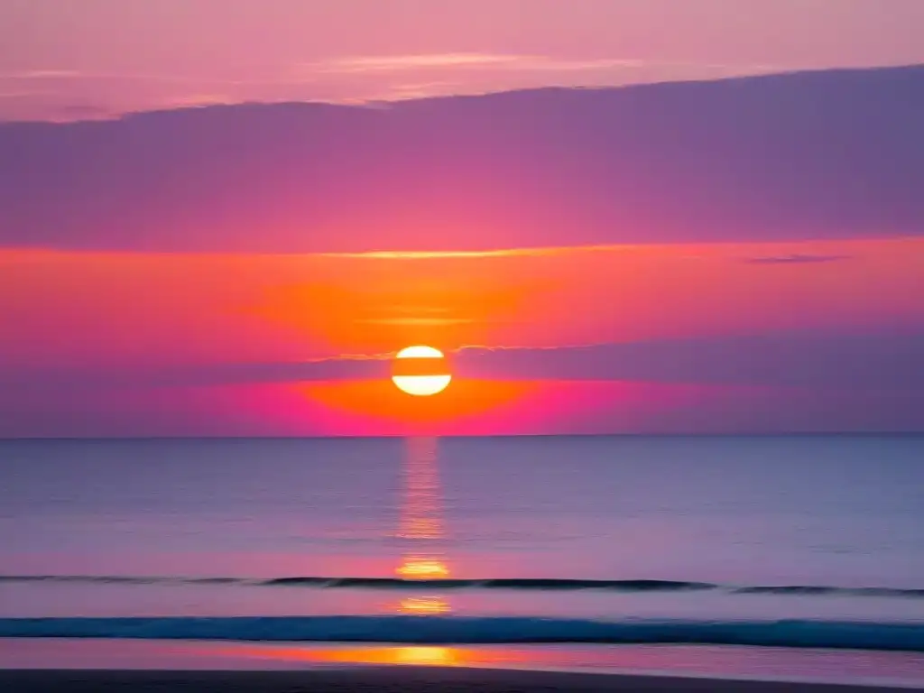 Un atardecer sereno sobre el océano, tonos cálidos y pastel evocan paz y reflexión, perfecto para cumbres educativas en Uruguay