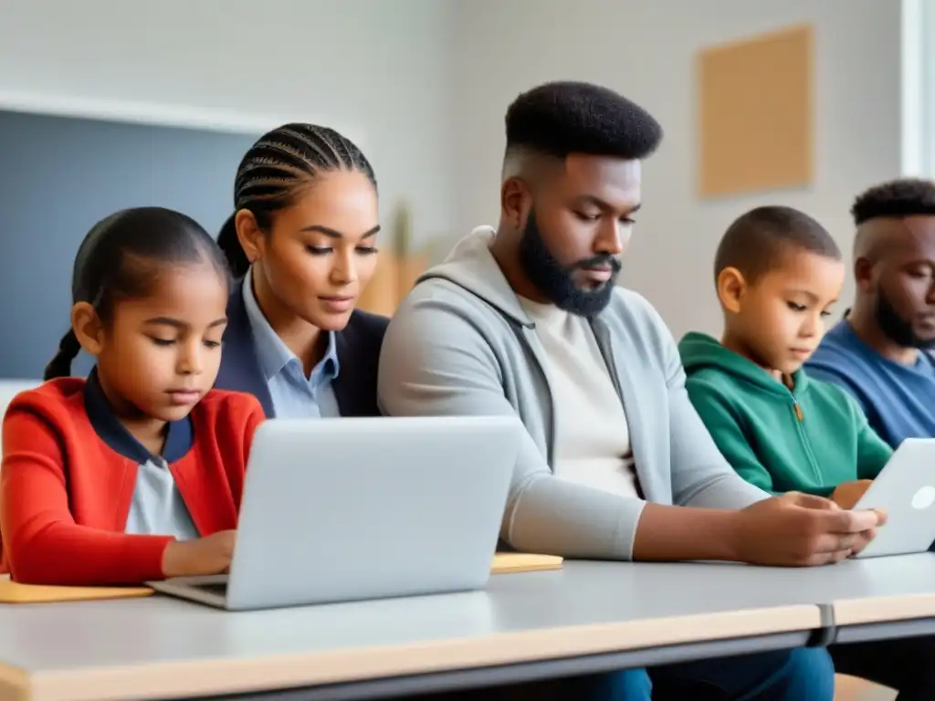 Una atmósfera de aprendizaje colaborativo y concentración en una aula moderna, con diversidad de edades y etnias usando dispositivos digitales