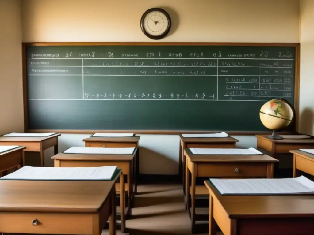 Atmósfera nostálgica de aula uruguaya vintage con globos terráqueos y pizarrón lleno de ecuaciones y diagramas