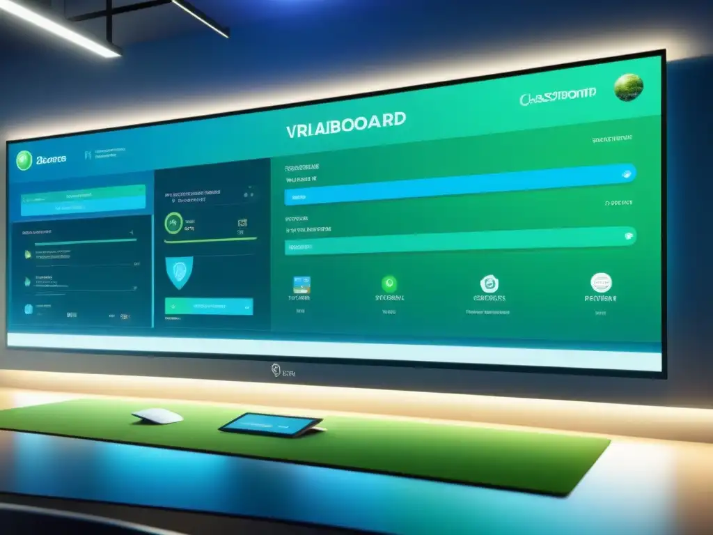 Una atractiva interfaz de aula virtual con elementos de gamificación integrados, en tonos azules y verdes