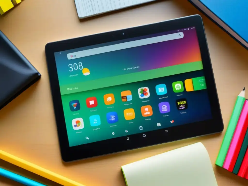 Tablet educativo: libros digitales coloridos para estudiantes uruguayos Un atractivo tablet con ebooks educativos abiertos en Uruguay sobre matemáticas, ciencias, lengua e historia, en un escritorio minimalista
