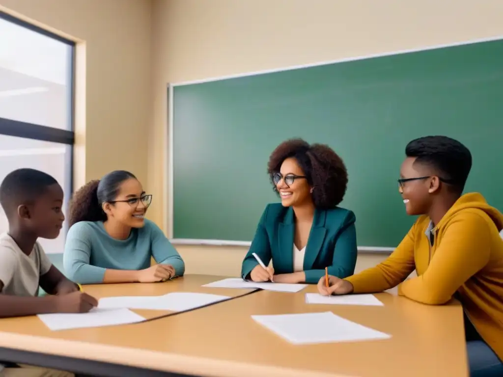 Un aula acogedora con estudiantes diversos participando en una actividad colaborativa, con un ambiente de aprendizaje positivo