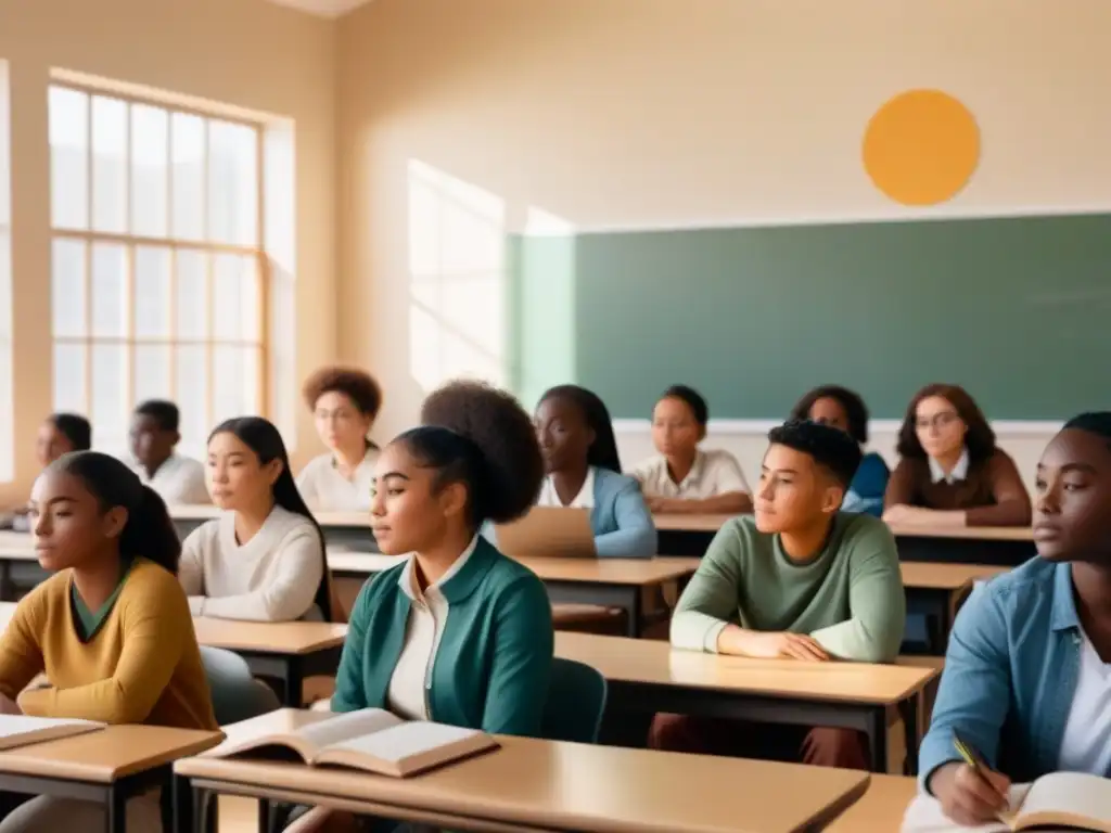 Un aula acogedora con estudiantes diversos concentrados en sus estudios