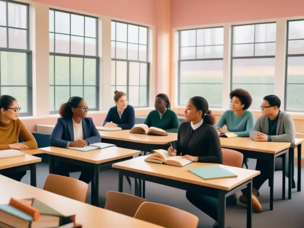 Un aula acogedora con estudiantes diversos concentrados en una sesión de aprendizaje de idiomas, reflejando eficacia y un enfoque natural