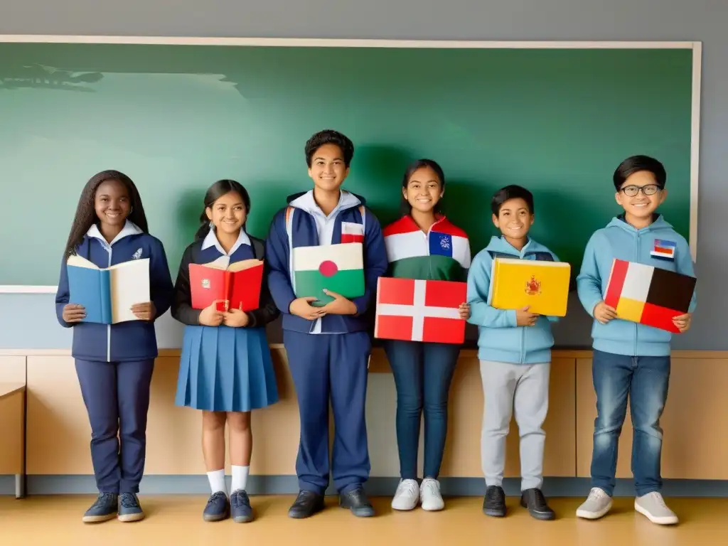 Un aula acogedora con estudiantes diversos y libros de diferentes países