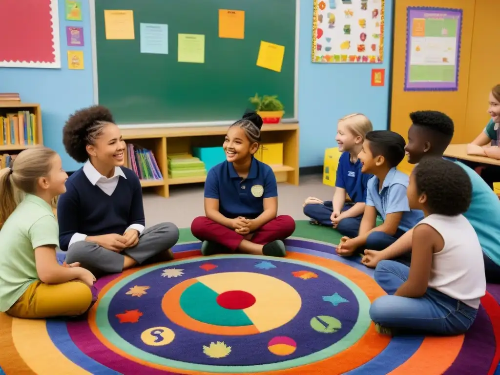 Un aula acogedora con niños diversos sonriendo y compartiendo, rodeados de libros y decoración cultural