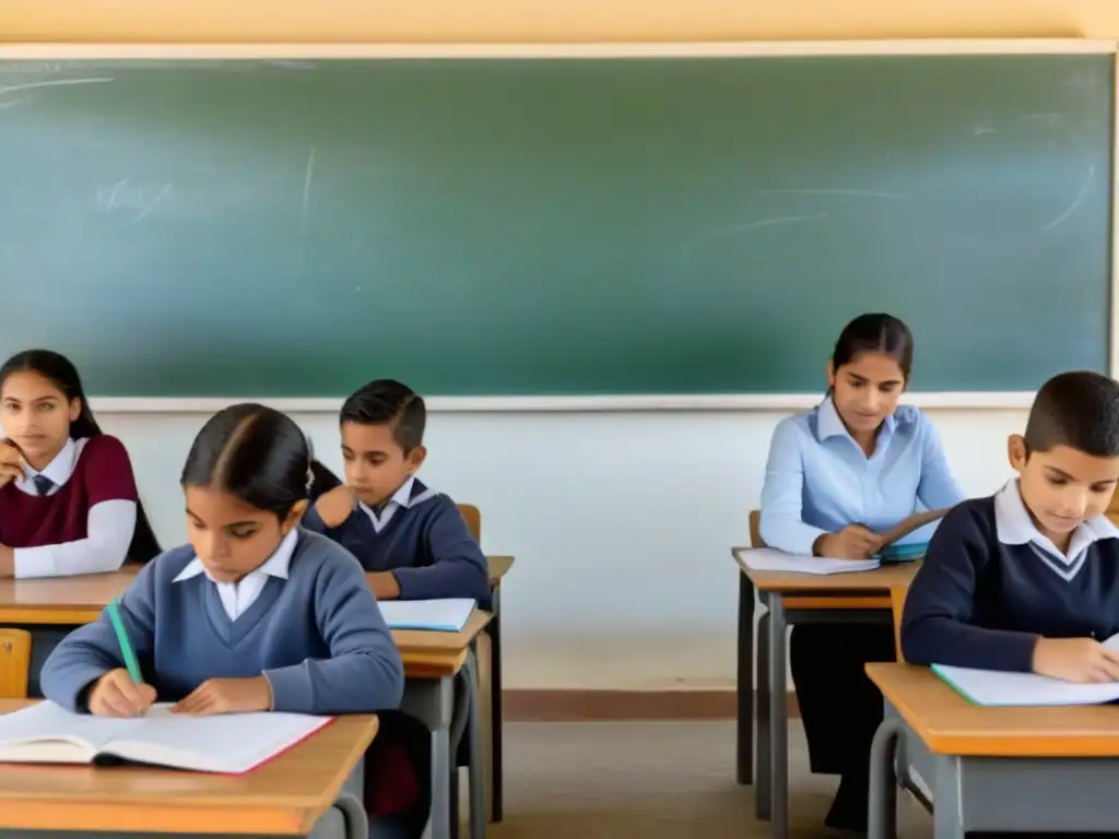 Un aula de Uruguay con alumnos diversos concentrados en actividades educativas, resaltando la importancia de las evaluaciones estándar en Uruguay