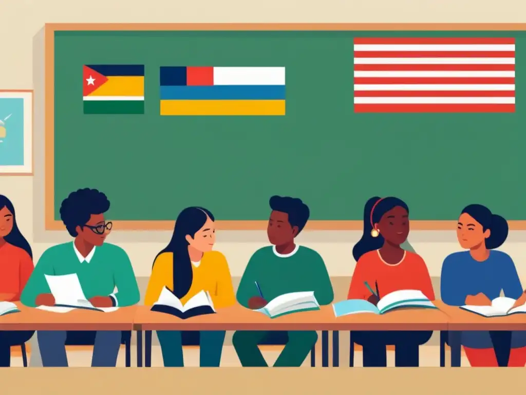 Un aula armoniosa y diversa con estudiantes de distintas culturas, cada uno inmerso en actividades únicas