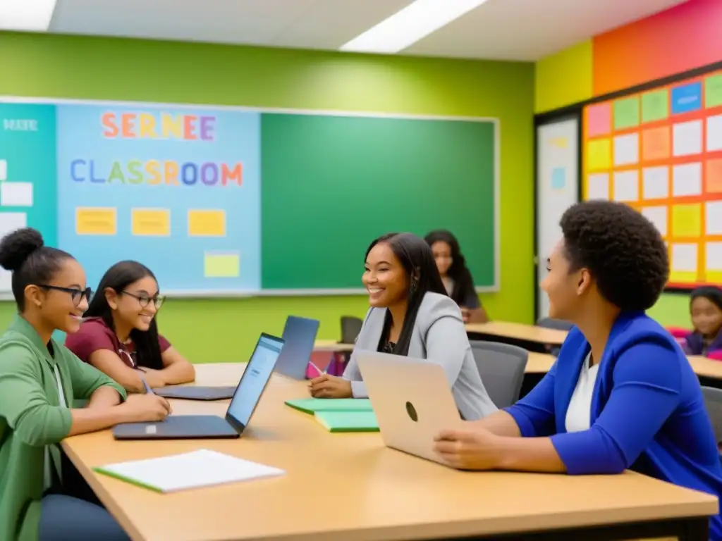 Aula armoniosa con estudiantes diversos colaborando en proyecto, rodeados de material educativo colorido y tecnología moderna