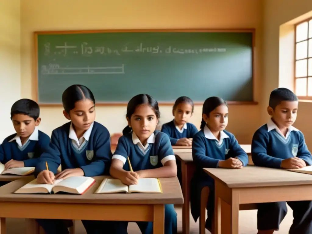 Un aula armoniosa en Uruguay donde niños aprenden juntos, representando la educación bilingüe en zonas rurales