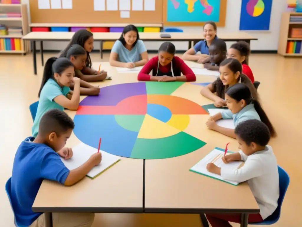 Un aula de arte en Uruguay donde estudiantes de diversas culturas colaboran en un proyecto creativo, reflejando la diversidad cultural en la educación artística