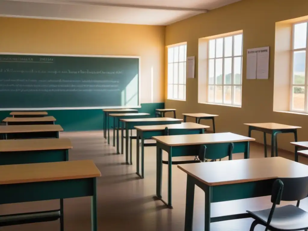 Un aula en Uruguay bañada en luz natural, con escritorios vacíos y un libro abierto