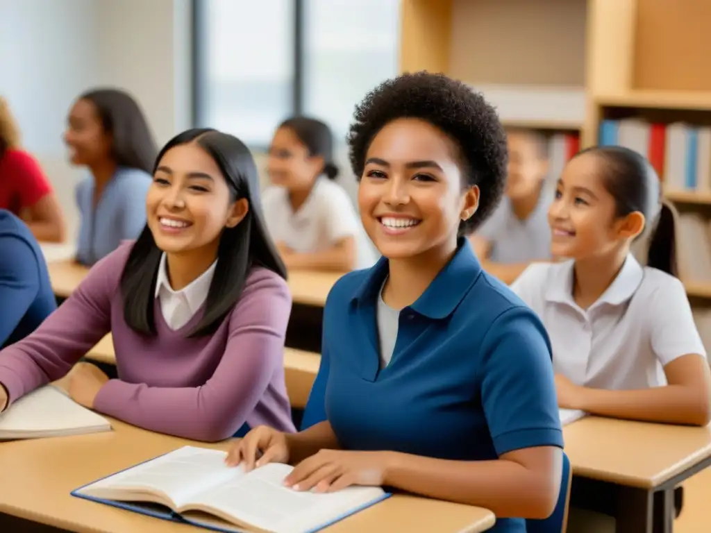 Un aula bilingüe activa y colaborativa con estudiantes entusiastas de diversas edades y etnias