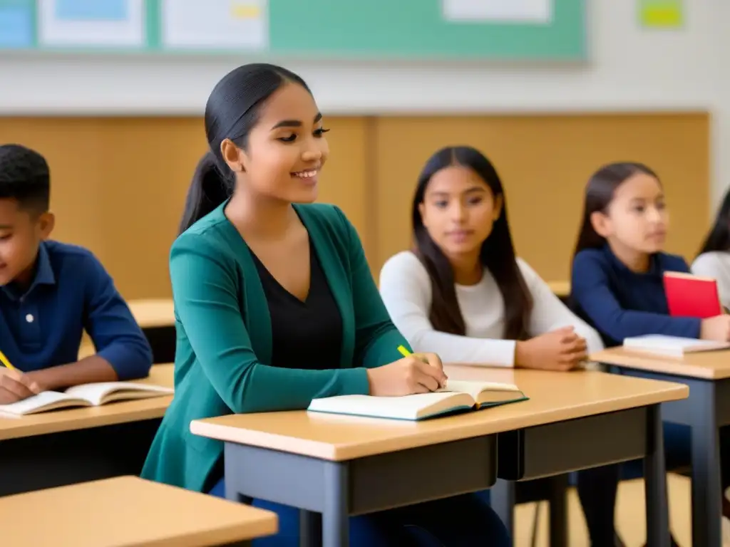 Un aula bilingüe en Uruguay: estudiantes diversos participan activamente en una clase colaborativa y multicultural