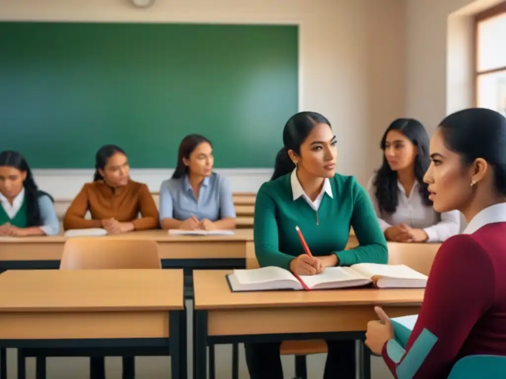 Un aula bilingüe en Uruguay competitiva, con estudiantes enfocados y material colorido de aprendizaje