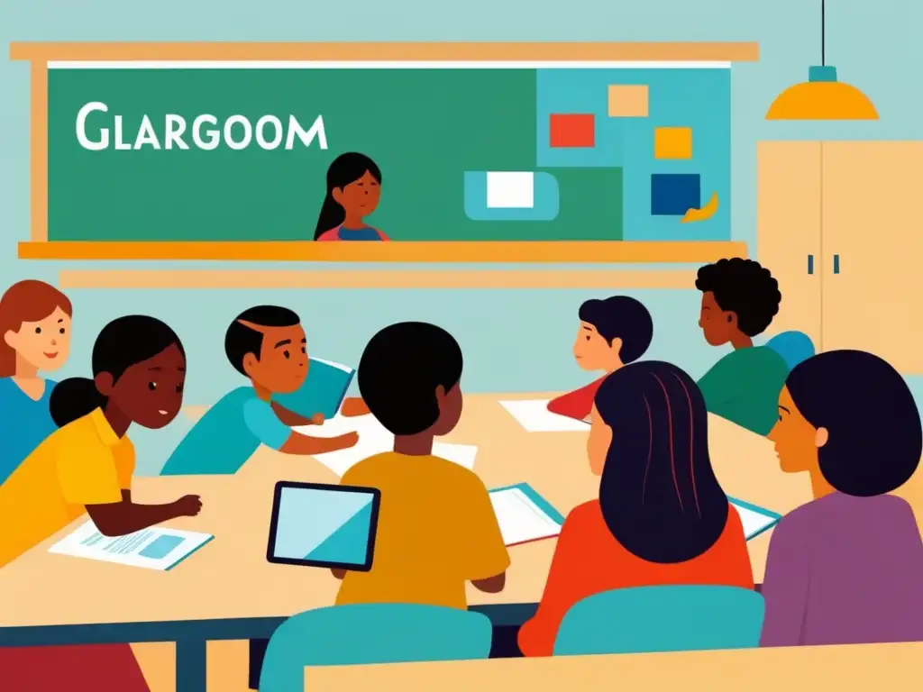 Un aula bilingüe en Uruguay con estudiantes diversos colaborando en actividades de aprendizaje