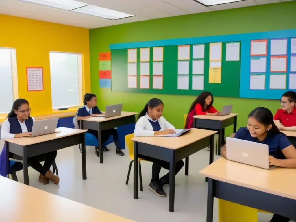 Un aula bilingüe inclusiva y diversa, donde estudiantes colaboran en actividades de aprendizaje