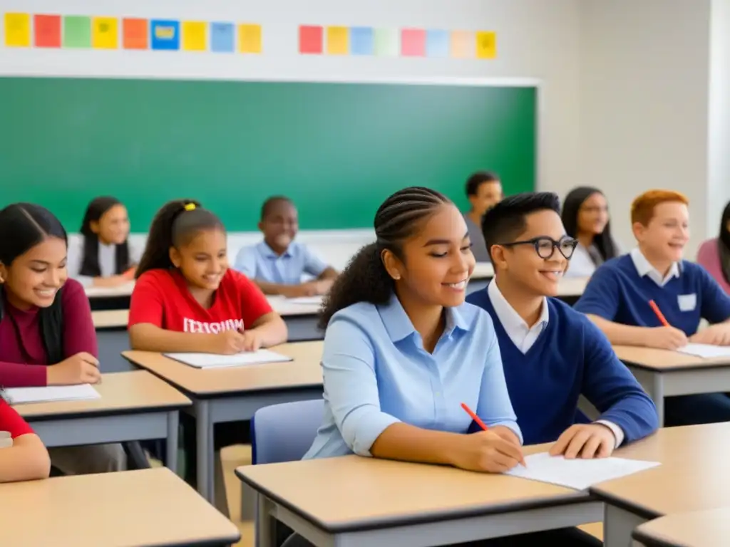 Un aula bilingüe inclusiva con estudiantes de diversas habilidades y fondos colaborando juntos