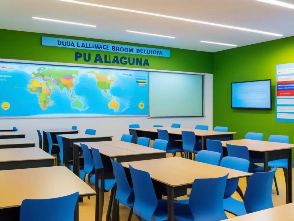 Aula bilingüe moderna en Uruguay con libros bilingües, pizarra interactiva y mapamundi
