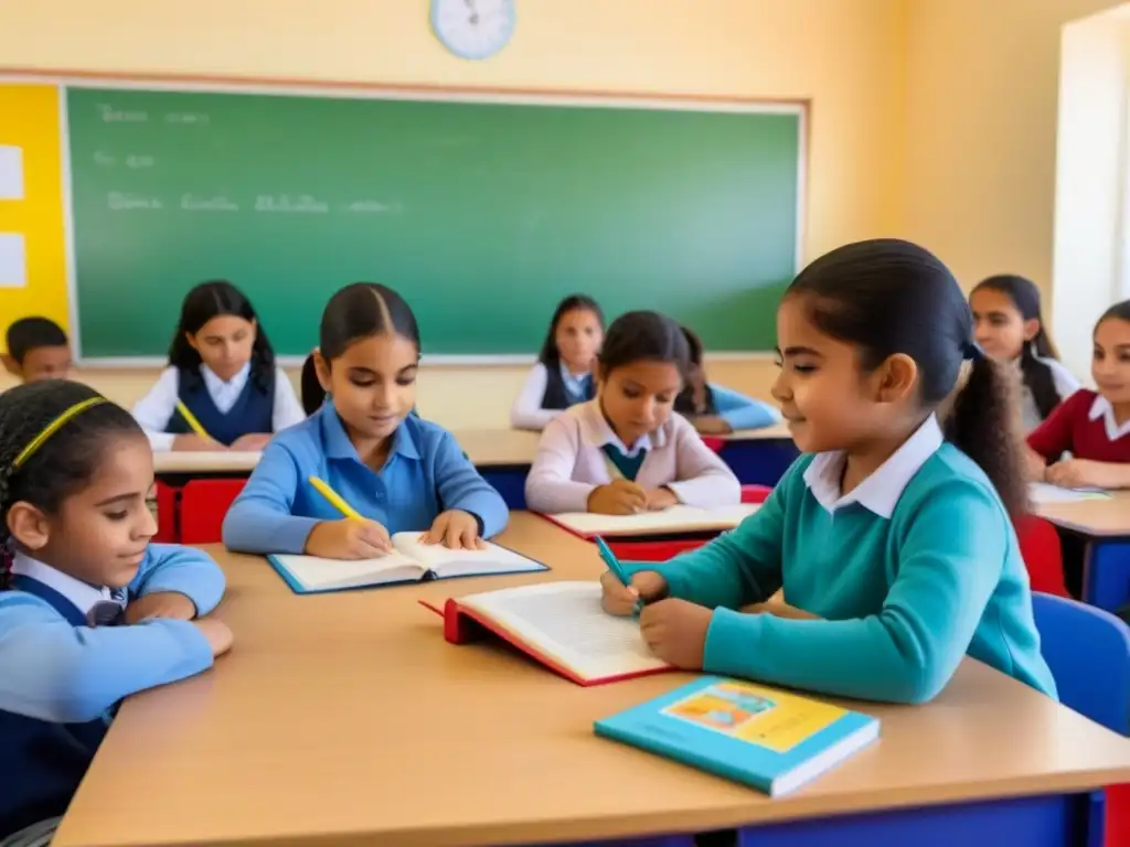 Un aula bilingüe en Uruguay con niños diversos colaborando en ejercicios de idiomas, resaltando los beneficios del bilingüismo educativo Uruguay