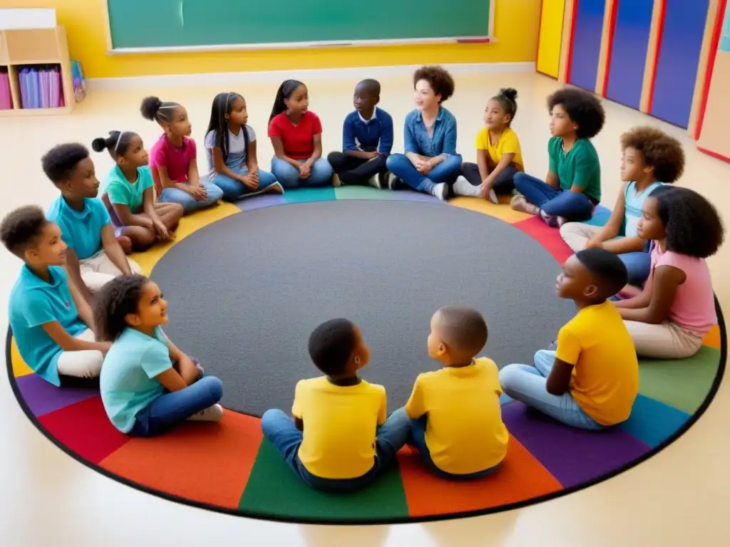 Un aula colorida y acogedora con niños de diversas razas y géneros escuchando atentamente a su maestra de color