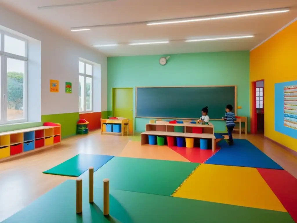 Un aula colorida en Uruguay con educación temprana inclusiva, niños felices dibujando y leyendo juntos