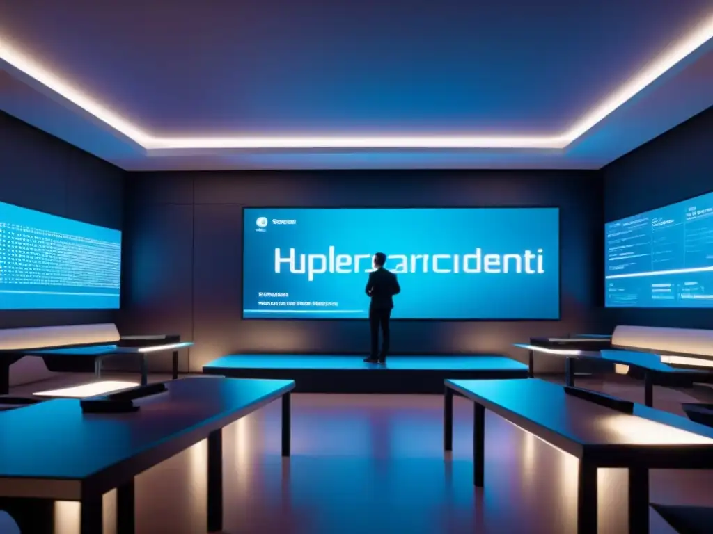 Aula digital futurista: datos en hologramas Un aula digital futurista con pantallas holográficas mostrando datos de rendimiento, decoración minimalista y mobiliario moderno, iluminada suavemente