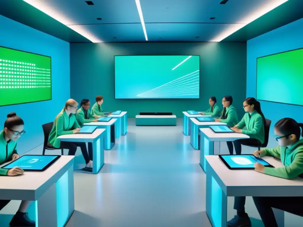 Un aula digital futurista con pantallas interactivas y estudiantes en actividades virtuales