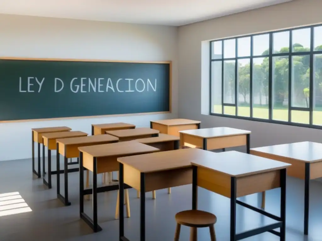 Un aula en Uruguay con diseño moderno y la 'Ley General de Educación en Uruguay' escrita en la pizarra, iluminada por luz natural