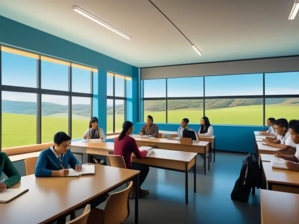 Un aula diversa y acogedora con estudiantes aprendiendo y colaborando, rodeados de libros y carteles