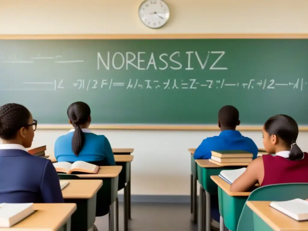 Un aula diversa y enfocada en estudios, con estudiantes de diversos orígenes étnicos y géneros, rodeados de libros y cuadernos