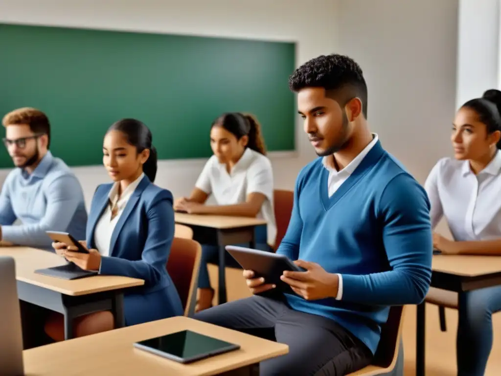 Un aula diversa en Uruguay con estudiantes usando tecnología educativa AdTech para inclusión