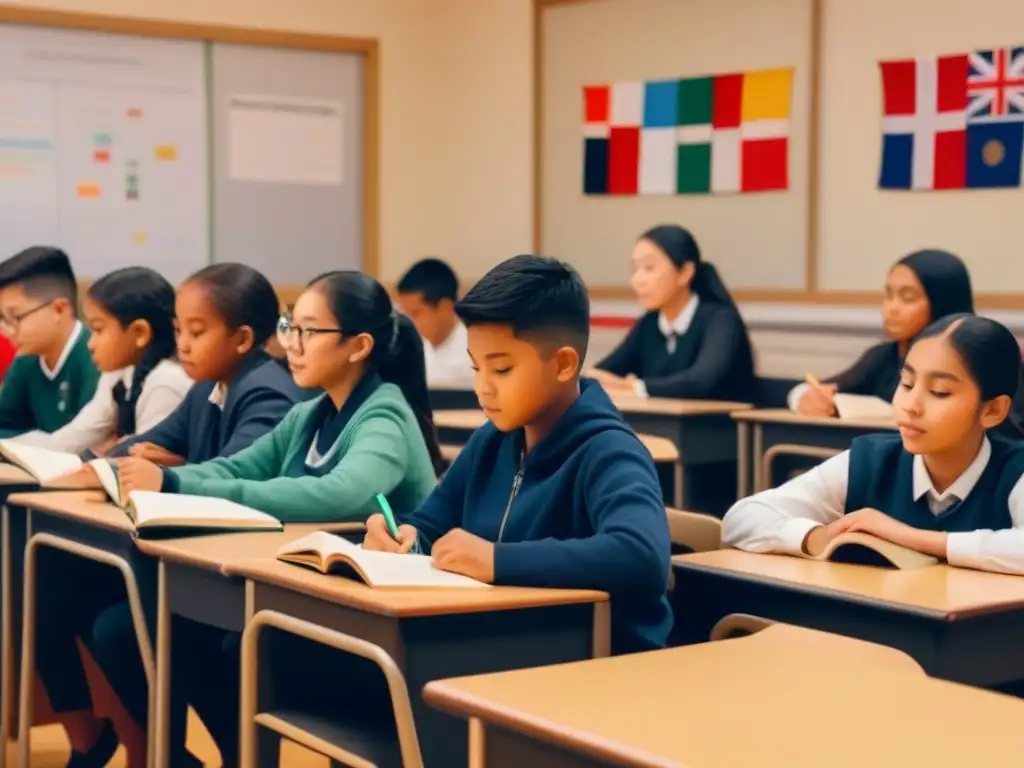 Un aula diversa y unida, estudiantes de distintas edades y etnias leyendo libros en diferentes idiomas