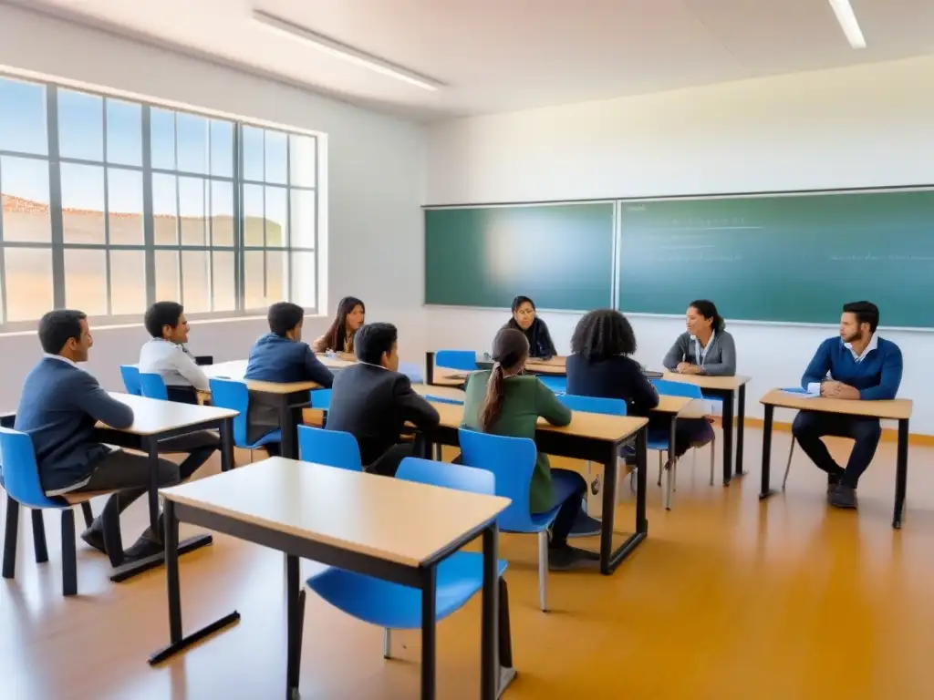 Una aula en Uruguay con diversidad de estudiantes y tecnología integrada, creando un ambiente ideal para la formación docente en Uruguay