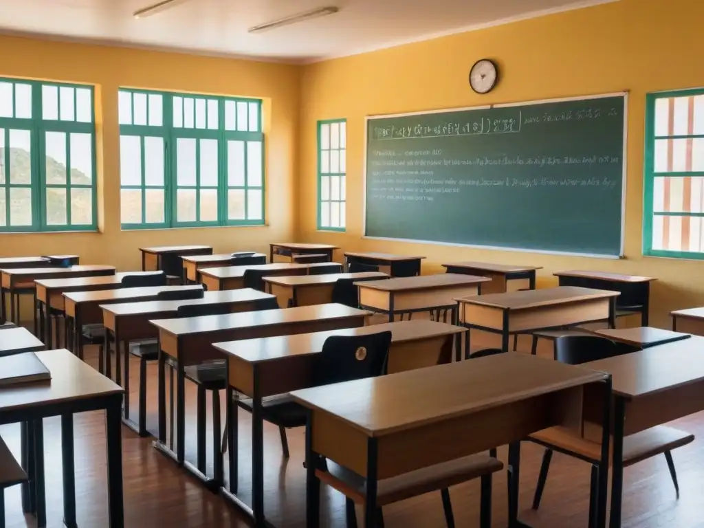 Aula uruguaya con escritorios vacíos, laptops y libros, iluminada por el sol