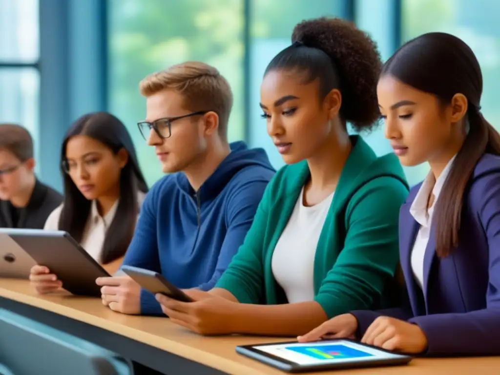 Aula con estudiantes diversos inmersos en aprendizaje adaptativo con tecnología en Uruguay, ambiente moderno y productivo