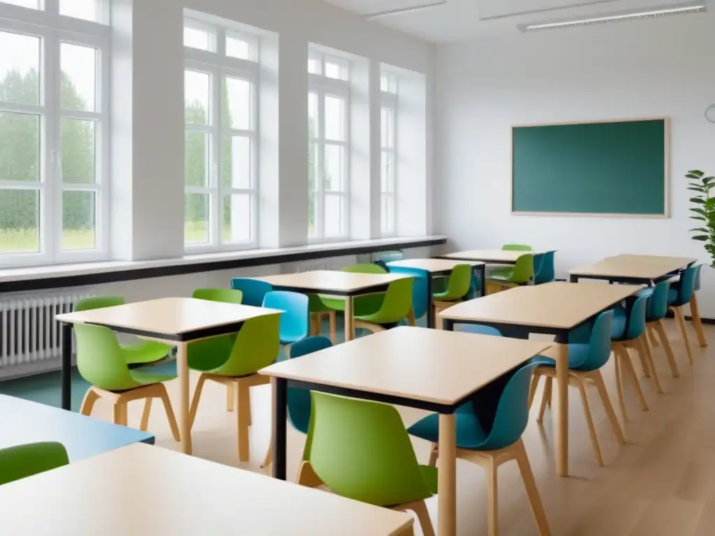 Aula finlandesa minimalista y serena: diseño ergonómico y luminoso Un aula finlandesa en Uruguay: diseño limpio y moderno con toques de color, inundada de luz natural
