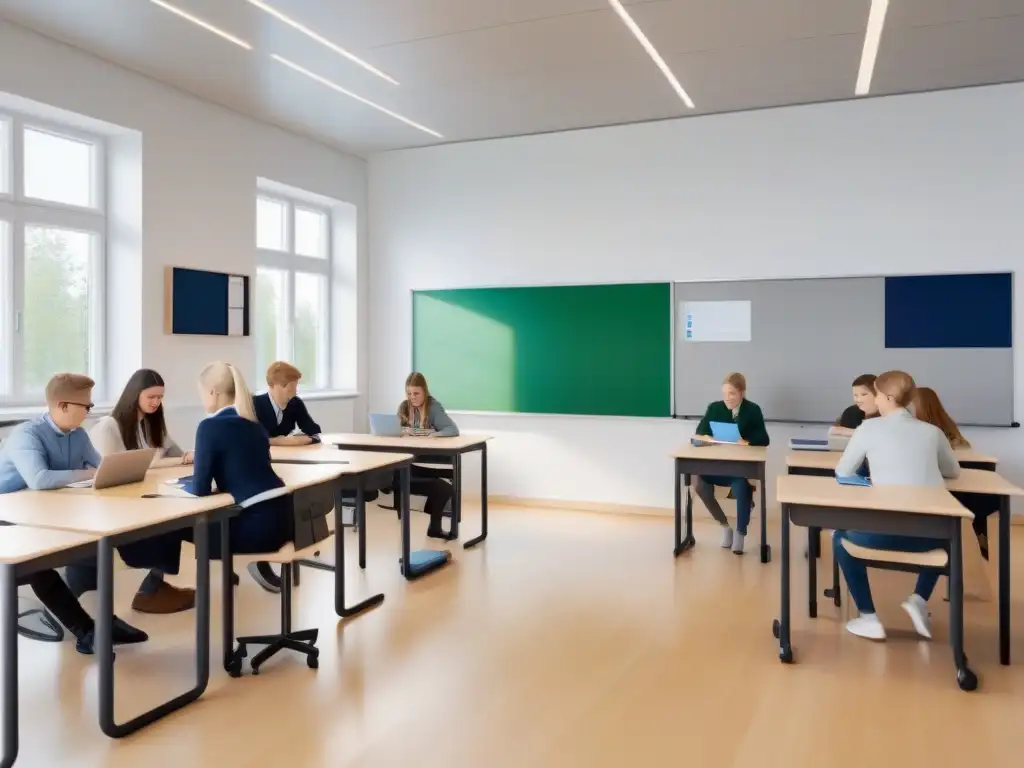 Aula finlandesa innovadora: educación colaborativa en armonía Un aula finlandesa serena y moderna con estudiantes colaborativos y bandera finlandesa sutil