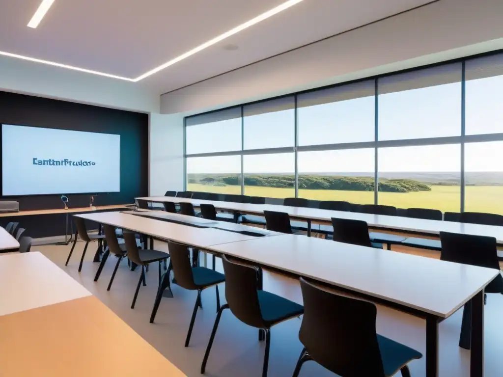 Un aula futurista en Uruguay con robótica educativa y estudiantes colaborativos bajo luz natural cálida