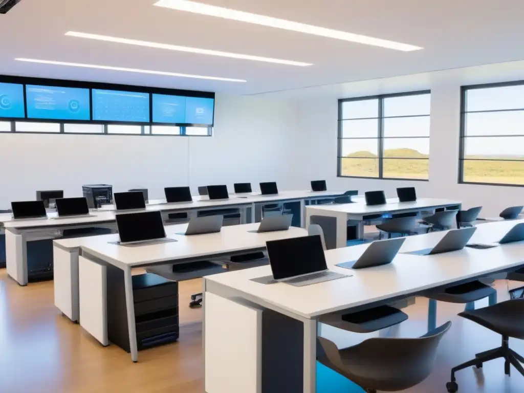 Un aula futurista de robótica educativa en Uruguay, con modernos escritorios y kits integrados para estudiantes, bañada en luz natural