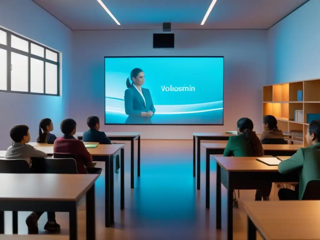 Aula futurista en Uruguay con enseñanza de idiomas holográfica y tecnología avanzada