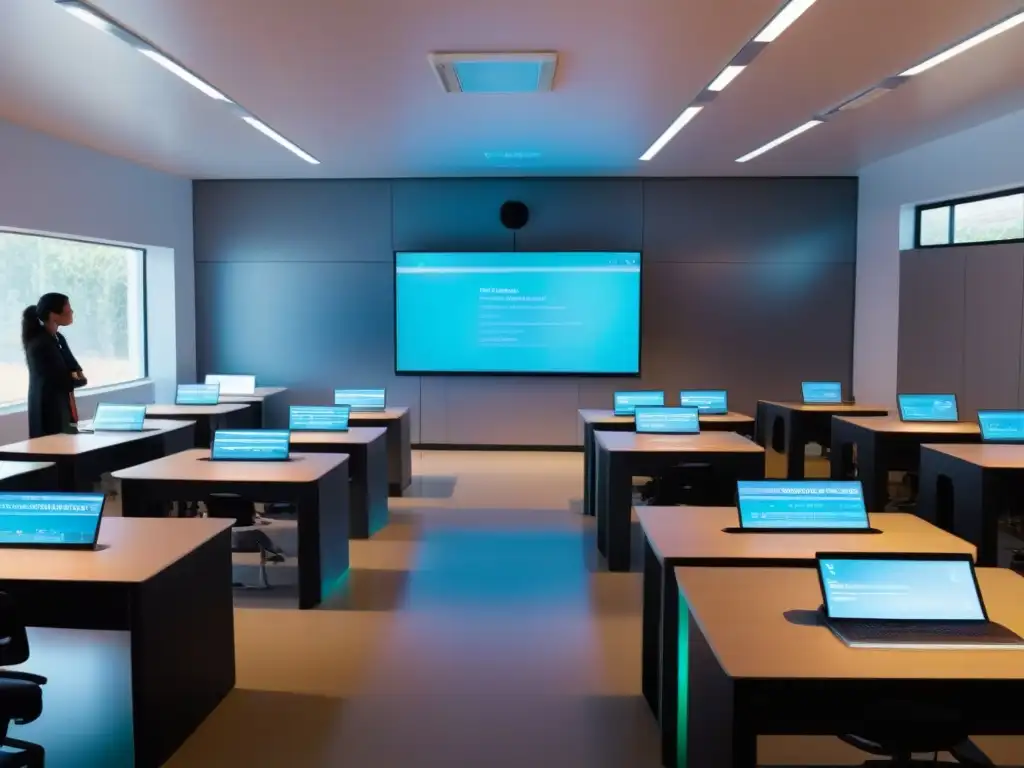 Aula del futuro en Uruguay: tecnología AI y hologramas Una aula futurista en Uruguay con estaciones de aprendizaje AI, pantallas holográficas y estudiantes interactuando